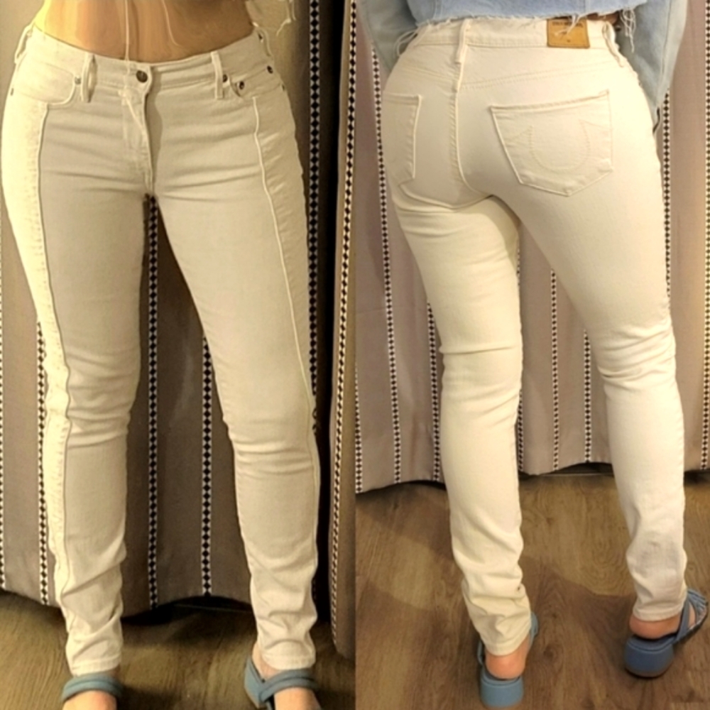 TRUE RELIGION Halle Mid Rise Super Skinny Off White sz 27